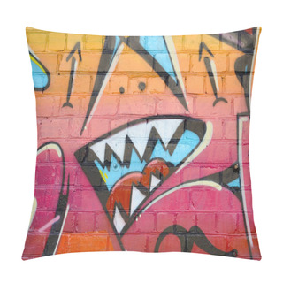 Personality  Abstract Colorful Fragment Of Graffiti Paintings On Old Brick Wall. Street Art Composition With Parts Of Unwritten Letters And Multicolored Stains. Subcultural Background Texture In Red Colors Pillow Covers