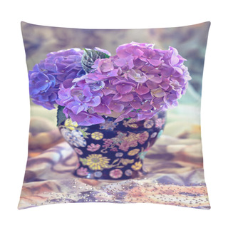 Personality  Beautiful Bouquet Of Purple Hydrangea In A Vase On The Table. Composition With Flowers. Holiday Card. Pillow Covers