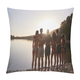 Personality  Young Adult Friends Admiring View From Lakeshore, Back View Pillow Covers