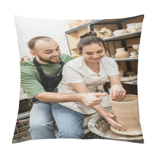 Personality  Positive Sculptor Talking To Girlfriend Making Clay Vase On Pottery Wheel In Ceramic Workshop Pillow Covers