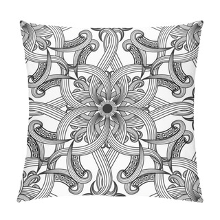 Personality  Greek Floral Intricate Meanders Seamless Pattern. Vector Abstract Black And White Background. Line Art Tracery Hand Drawn Flowers, Striped Leaves, Mandala. Greek Key Meanders Damask Ornament Pillow Covers