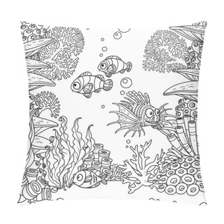 Personality  Underwater World With Corals, Seaweed And Fishes Coloring Page Isolated On White Background Pillow Covers