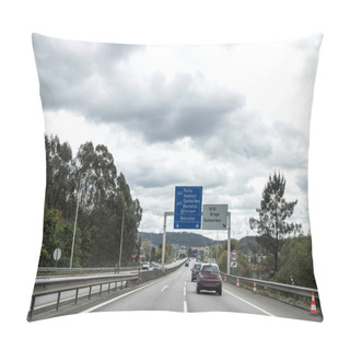 Personality  Section Of The A3 Motorway, Douro Minho, Which Connects Porto To Valenca, Portugal. Affluence Of Vehicles In Both Directions. Information Board, Directions. Beautiful Day With High Clouds. Pillow Covers