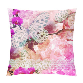 Personality  Butterflies And Orchids Flowers Pink Background With Lace ( 1 Of Set) Pillow Covers