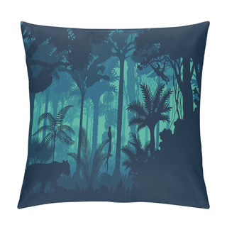 Personality  Vector Evening Tropical Rainforest Jungle Background With Jaguar, Sloth, Monkey And Qetzal Pillow Covers