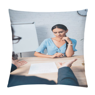 Personality  Selective Focus Of Worried Woman Looking At Insurance Contract And Biting Lips Near Lawyer  Pillow Covers