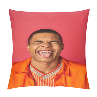 Personality  Funny African American With Closed Eyes Sticking Out Tongue On Red Background, Orange Shirt, Stylish Pillow Covers