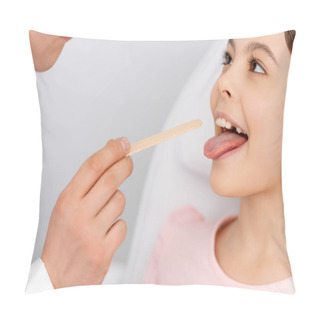 Personality  Cropped View Of Otolaryngologist Holding Tongue Depressor Near Kid Sticking Out Tongue  Pillow Covers