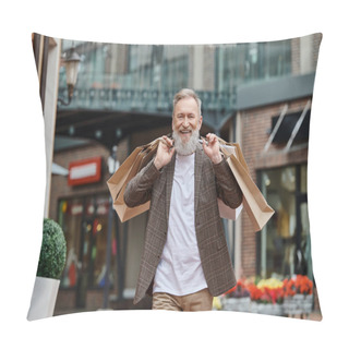 Personality  Positive And Bearded Man Walking With Shopping Bags, Senior Life, Urban Street,  Stylish Outfit Pillow Covers