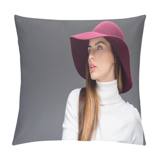 Personality  Attractive Woman Posing In Burgundy Felt Hat, Isolated On Grey Pillow Covers