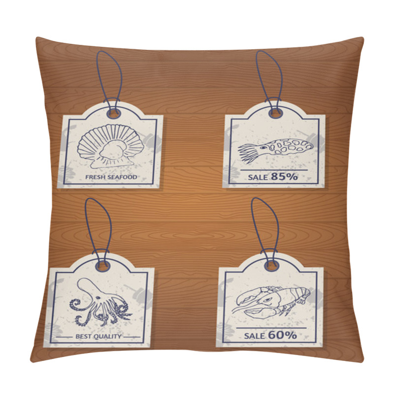 Personality  Set Of 4 Vintage Design Elements Seafood: Lobster, Oyster, Scallop, Cuttlefish And Octopus Pillow Covers