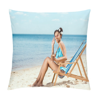 Personality  Happy African American Woman In Bikini With Cocktail In Coconut Shell Waving By Hand While Sitting On Deck Chair On Sandy Beach  Pillow Covers