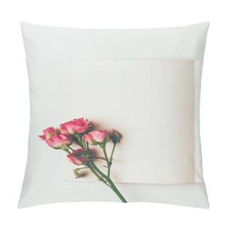Personality  Top View Of Beautiful Pink Roses On Branch And Blank Card Isolated On Grey Pillow Covers