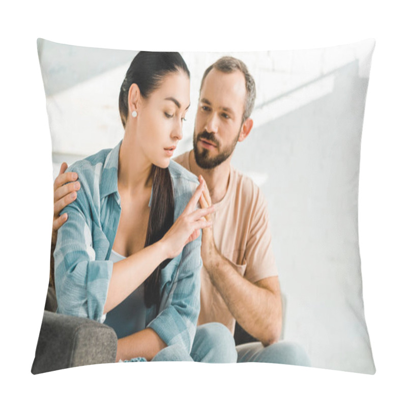Personality  Guilty Man Emracing And Trying To Console Wife After Arguing Pillow Covers
