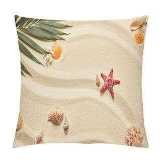 Personality  Top View Of Red Starfish And Seashells Near Green Palm Leaf On Sand Pillow Covers