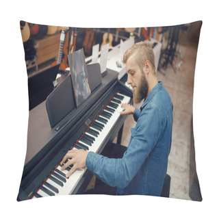 Personality  Male Musician Trying To Play Piano In Music Store. Assortment In Musical Instruments Shop, Keyboardist Buying Equipment, Pianist In Market Pillow Covers