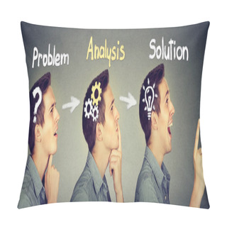 Personality  Thoughtful, Finding Solution Young Man With Question Gear Mechanism, Light Bulb Signs. Pillow Covers