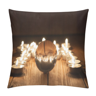 Personality  Glass Transparent Ball And Burning Candles On Old Wooden Background Pillow Covers