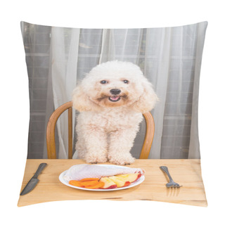 Personality  Concept Of Exciting Dog Having Delicious Raw Meat Meal On Table. Pillow Covers