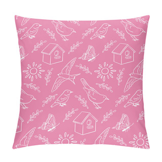 Personality  Spring Seamless Pattern With Outline Birds. White Doodle Spring Sun, Butterfly, Branches And First Birds On Pink Color. Spring Holiday Design For Decoration, Wrapping, Banner Pillow Covers