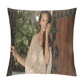 Personality  Smiling Woman In Beachwear Standing In Open Gates Pillow Covers