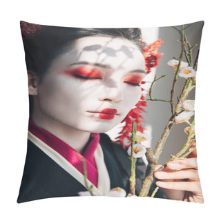 Personality  Beautiful Geisha With Red And White Makeup And Sakura In Sunlight Pillow Covers