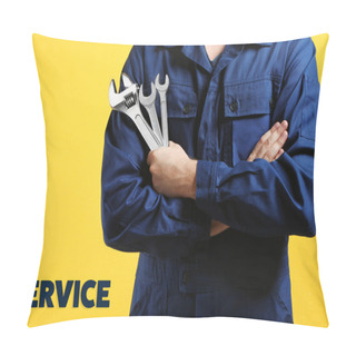 Personality  Mechanic With Crossed Arms And Wrench Standing On Yellow Background Pillow Covers