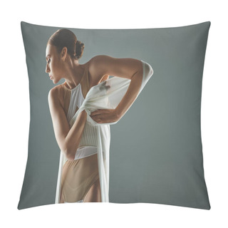 Personality  A Woman In A Bathing Suit Gracefully Holds Veil In Hands. Pillow Covers