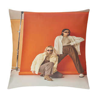 Personality  Fall Fashion And Trends, Interracial Women In Sunglasses And Outerwear Posing In Studio, Fall Colors Pillow Covers