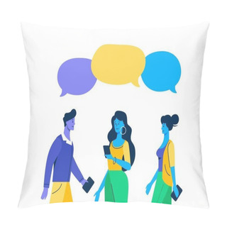 Personality  Meeting Familiar Friends Chat Dialogue Bubble Speech . Three Young Guy And A Girls Cartoon Online. Pillow Covers