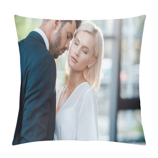 Personality  Bearded Man With Closed Eyes Flirting With Beautiful Blonde Coworker In Office  Pillow Covers