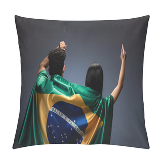 Personality  Couple Of Football Fans Gesturing With Brazil Flag On Grey Pillow Covers