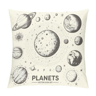 Personality  Set Of Space Objects: Planets, Stars. Hand Drawn Vector Pillow Covers