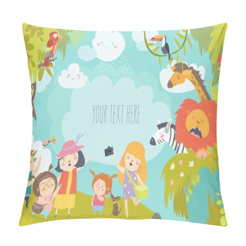 Personality  Happy children in zoo with wild african animals pillow covers