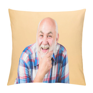 Personality  Live Your Best Life. Happy Senior Man With Gray Beard. Mature Bearded Man In Checkered Shirt. Grandfather On Retirement. Positive Emotions. Barber And Hairdresser Salon. Male Fashion. Happy Grandad Pillow Covers