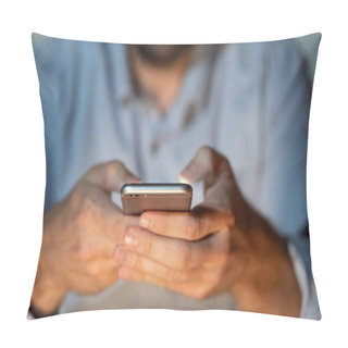 Personality  Close Up Of Teenager Or Adult Man Playing Online And Sending Text On Smart Phone With A Colorful Background Light From The Screen In Mobile Addiction Internet Gaming Connections And New Technology. Pillow Covers