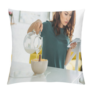 Personality  Woman Overfilling Bowl Of Flakes With Water While Sitting At Kitchen Table And Using Smartphone Pillow Covers