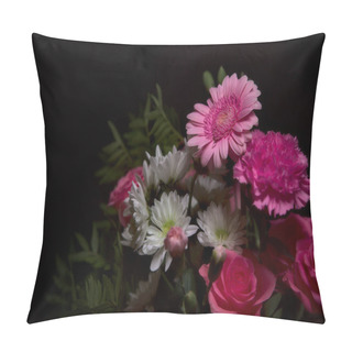 Personality  A Bouquet Of Pink Carnations And Rose With White Chrysantemums And Pink Gerberas On Black Background Pillow Covers