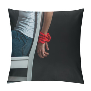 Personality  Cropped View Of Woman With Tied Hands On Chair Isolated On Black Pillow Covers