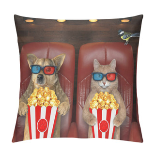 Personality  Pets In 3d Glasses Is Eating Popcorn And Watching A Movie In The Cinema. Pillow Covers