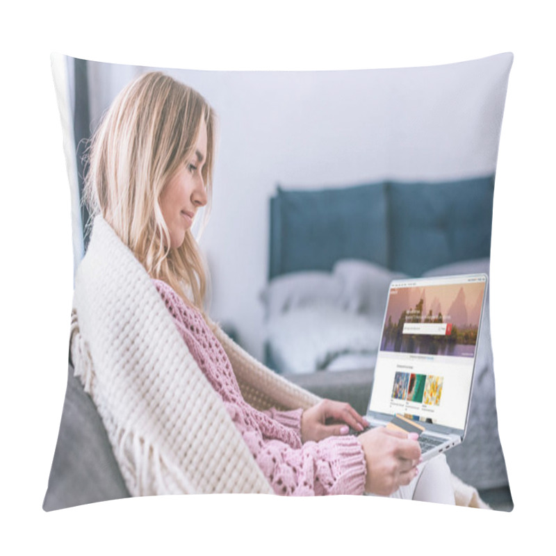 Personality  Attractive Blonde Woman Using Laptop With Shutterstock Website On Screen And Holding Credit Card  Pillow Covers