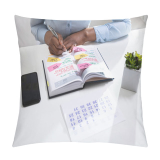Personality  Businesswoman's Hand Checking Schedule In Diary With Calendar On White Desk Pillow Covers
