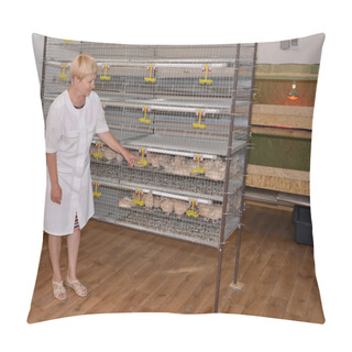 Personality  The Woman-farmer Stands Near A Cage With Quails Pillow Covers