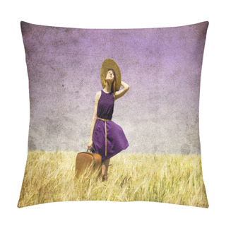 Personality  Lonely Girl With Suitcase At Country. Pillow Covers
