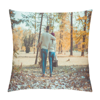 Personality  A Guy Is Hugging His Girlfriend In The Park While Walking On The Autumn Yellow Leaves And Enjoying The Nature Pillow Covers