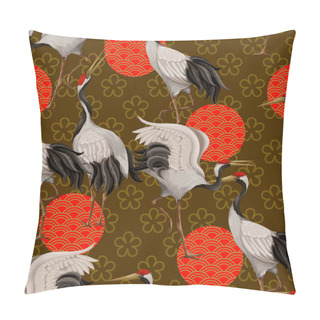 Personality  Seamless Pattern With Japanese White Cranes. Oriental Wallpaper. Pillow Covers