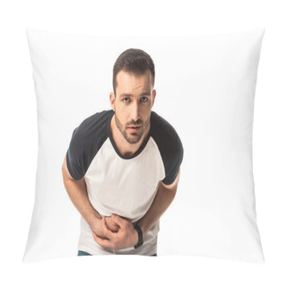 Personality  Sick Man Touching Stomach And Having Nausea Isolated On White  Pillow Covers