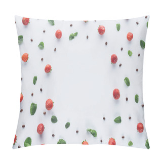 Personality  Top View Of Round Frame Made Of Ripe Strawberries With Mint Leaves And Coffee Beans On White Surface Pillow Covers