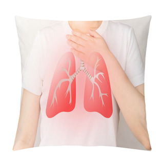 Personality  Young Ill Female Have A Cough And Shortness Of Breath With Lung Organ Symbol. Pulmonary Disease Include Pneumonia, Asthma, COPD, TB, Lung Cancer Or Respiratory Tract Infection. Pillow Covers