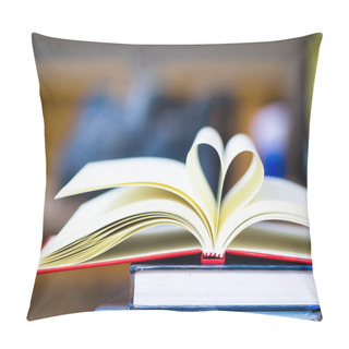 Personality  Love To Reading Books Concept : Stack Of Books And Open Book Heart Shape On The Table. Library, Education, Back To School Concept. Pillow Covers